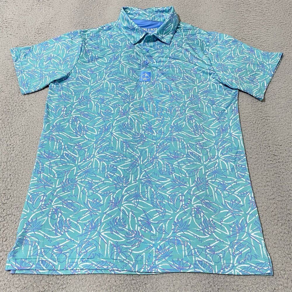 Pins & Aces Polo Shirt Mens Medium Green Teal Leaves Guitar All Over Print Golf